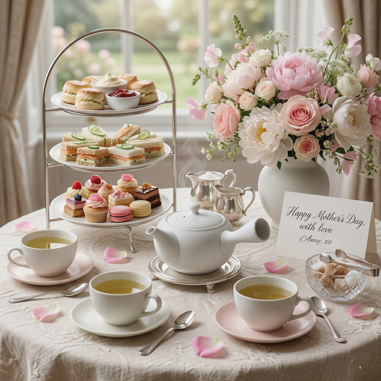 Tea set with teacups, teapot, and pastries on a table with a floral arrangement and 'Happy Mother's Day' card.