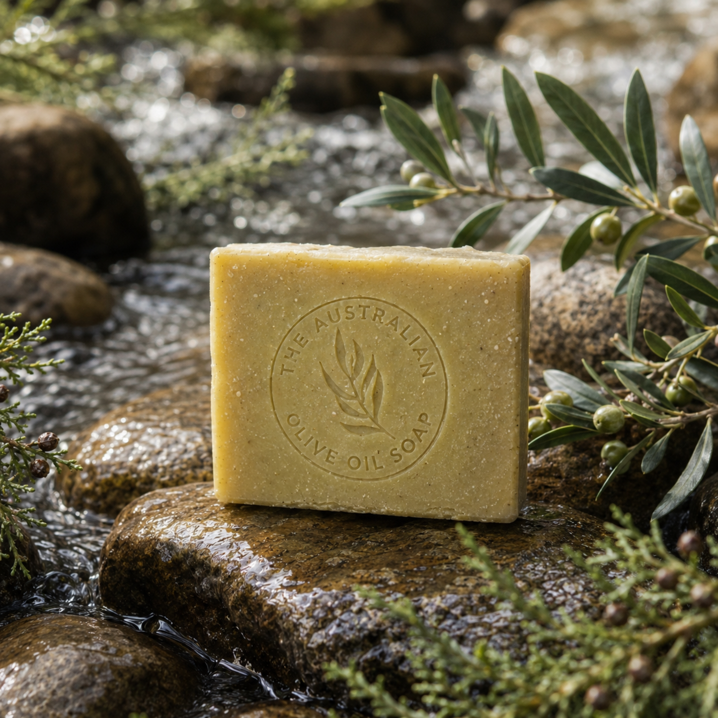 Bar of soap with a brand logo on a rock surrounded by greenery