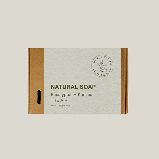 Box of natural soap with eucalyptus and kunzea scent on a beige background