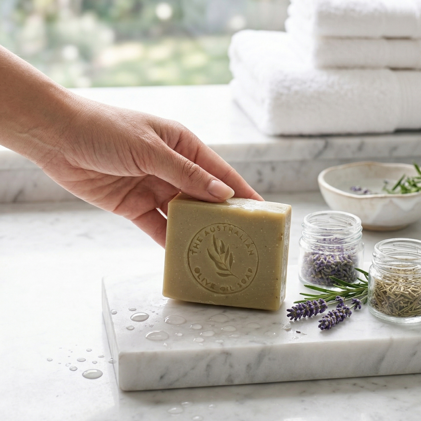 Hand holding a bar of soap with 'The Australian Soap Company' logo on a marble surface with lavender and towels in the background.