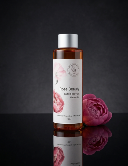 Bottle of 'Rose Beauty' bath and body oil with a pink flower on a dark background- The Australian Olive Oil Soap