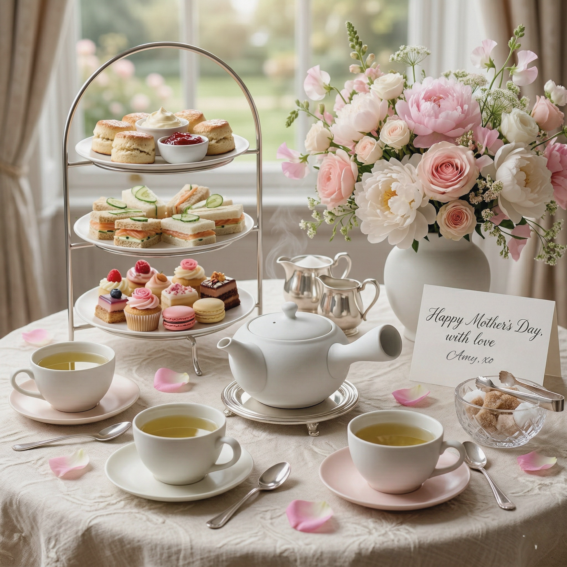 Tea set with teacups, teapot, and pastries on a table with a floral arrangement and 'Happy Mother's Day' card.