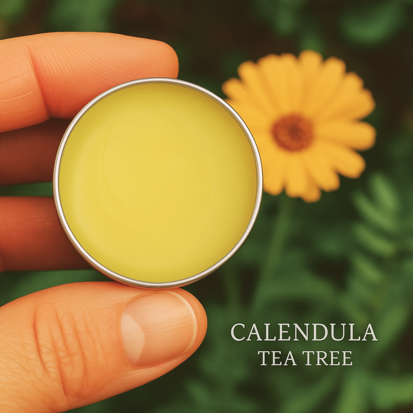 A tin container of 'The Australian Olive Oil Soap' with Calendula and Tea Tree, labelled as a multipurpose balm, indicating it is free from synthetic additives, preservatives, or fillers.