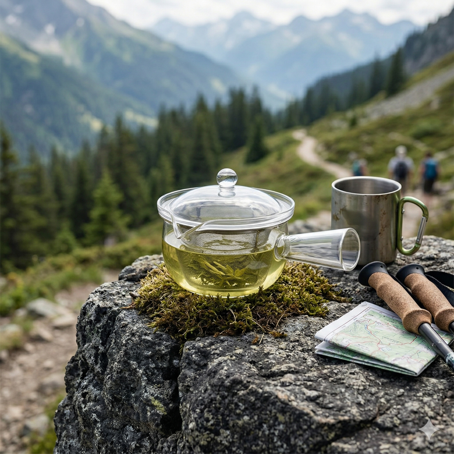 Tea set on a rock with mountains in the background
