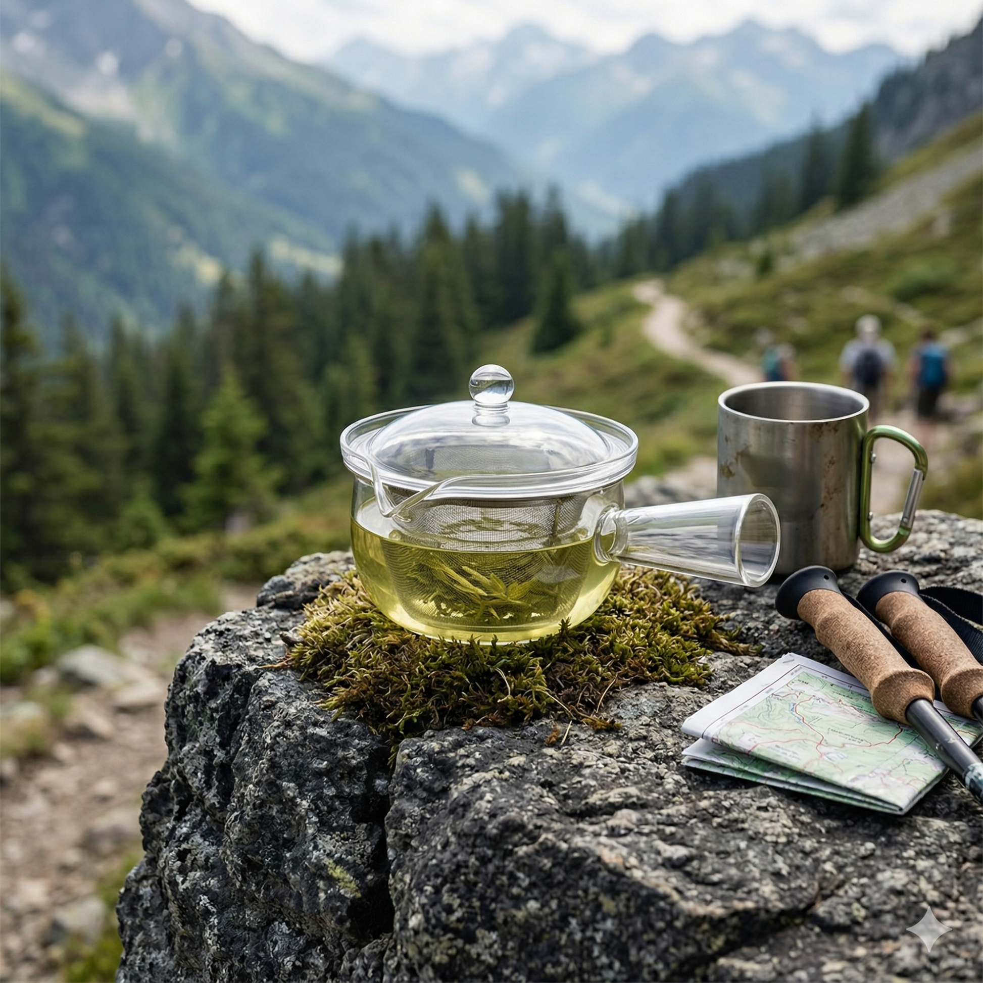 Tea set on a rock with mountains in the background